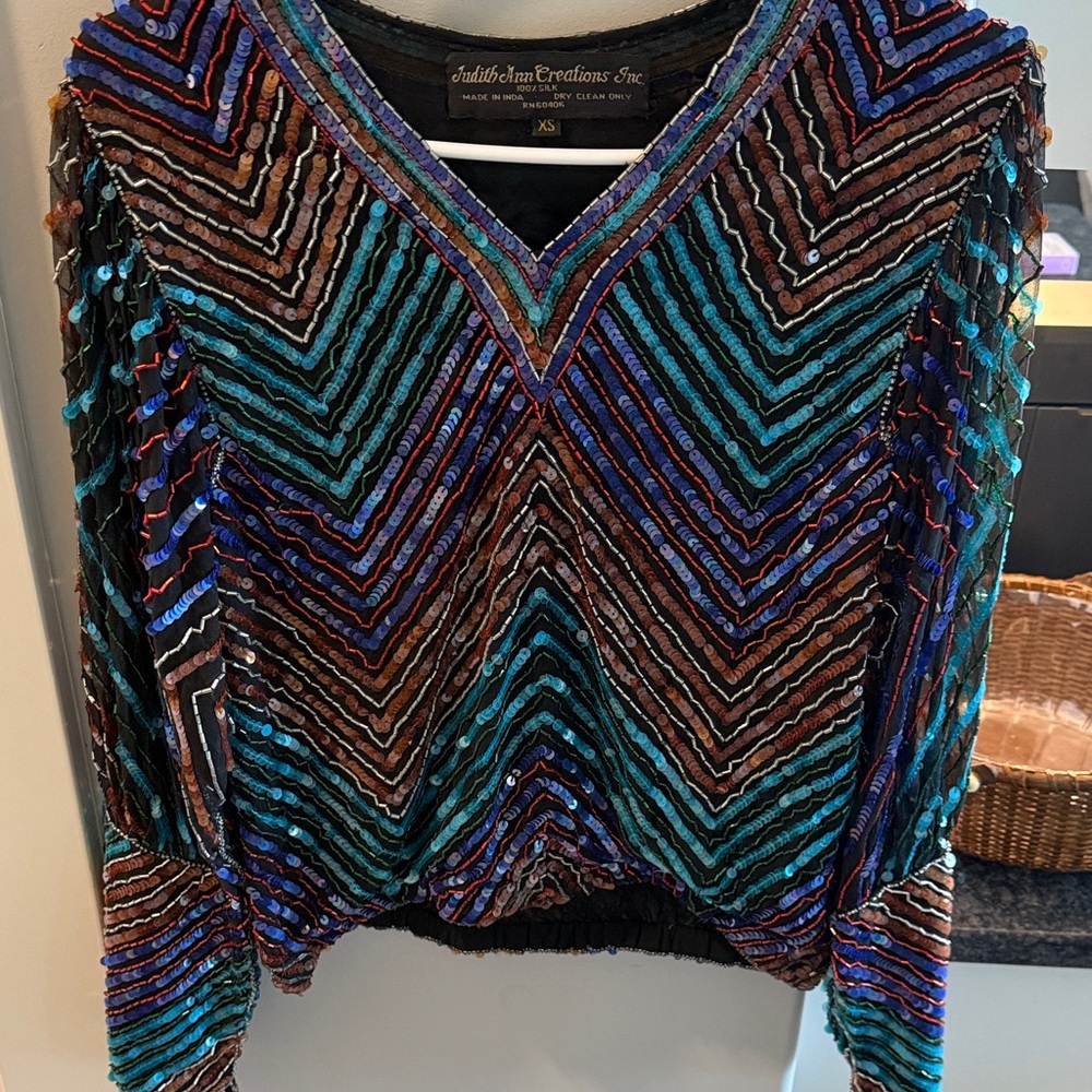 Judith Ann Creations Inc 100% Silk Colorful Sequin Chevron Top Mardi Gras!